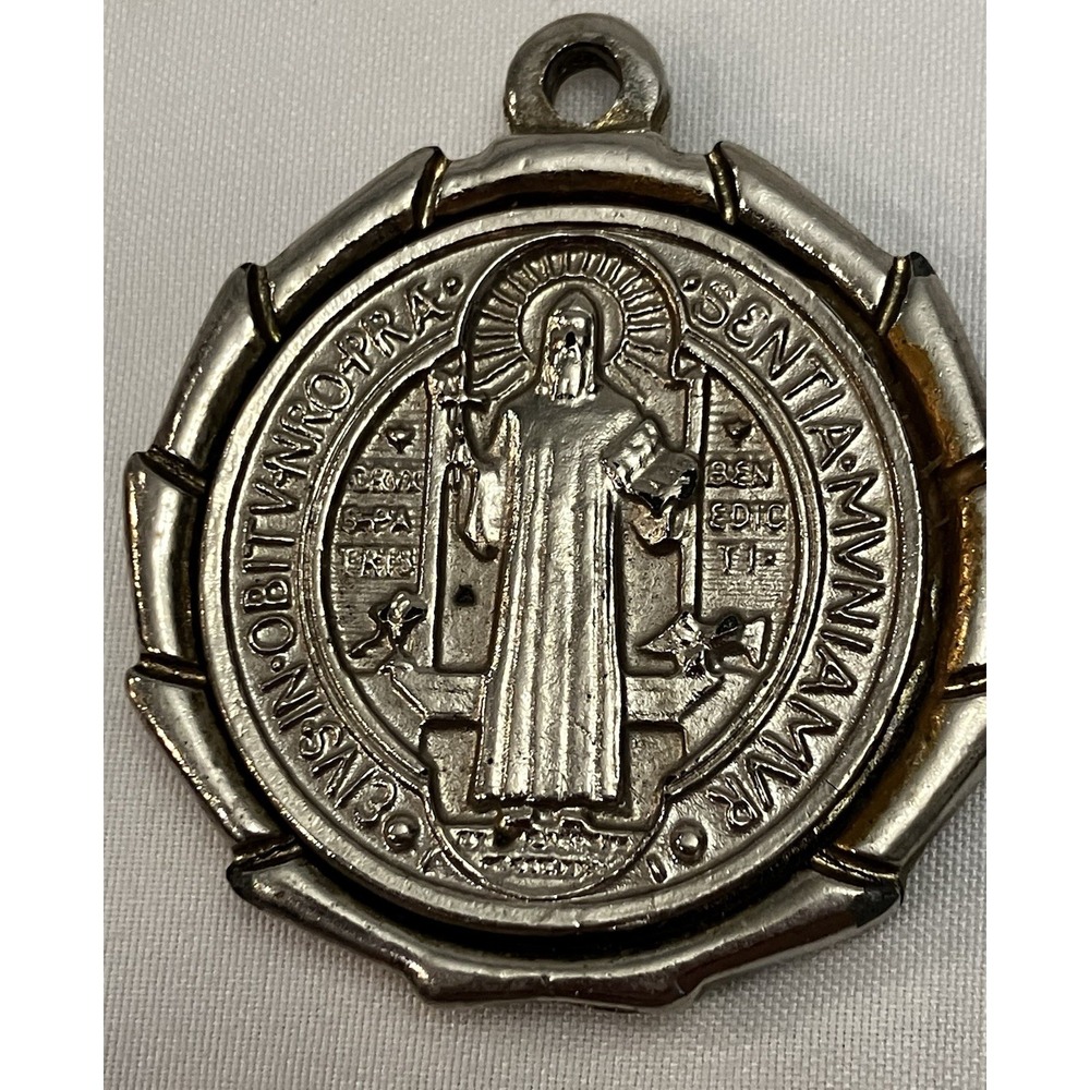 VTG Saint Benedict Silver Tone Medallion Pendant Catholic Protection Christian